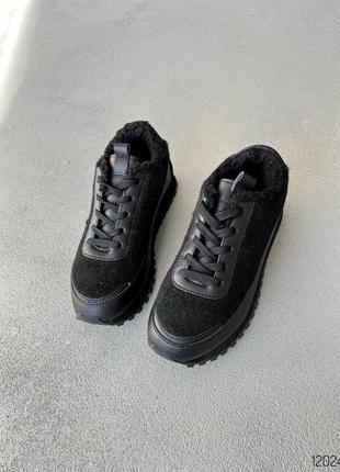 Чорні шкіряні текстильні фетрові зимові кросівки на товстій підошві хутрі з хутром фетром войлок зима фетр5 фото