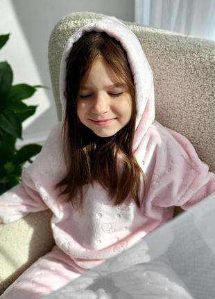 Піжама дитяча велсофт тепла з капюшоном рожевий махровий домашній костюм для дівчинки5 фото