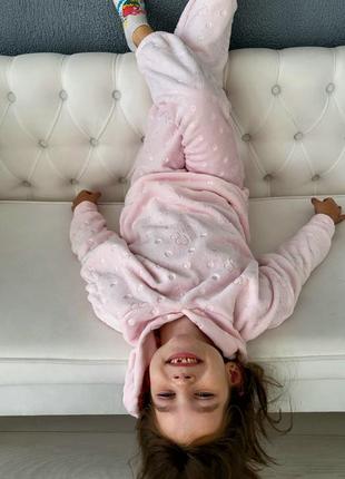 Піжама дитяча велсофт тепла з капюшоном рожевий махровий домашній костюм для дівчинки8 фото