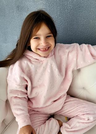 Піжама дитяча велсофт тепла з капюшоном рожевий махровий домашній костюм для дівчинки4 фото