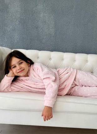 Піжама дитяча велсофт тепла з капюшоном рожевий махровий домашній костюм для дівчинки7 фото