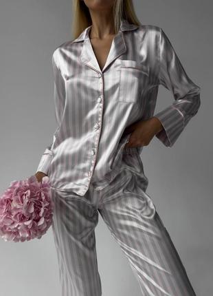 Шелковая пижама нежно розовая в стиле vs сикрет шелк сатин в полоску полоска рубашка штаны