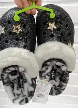 Утепленные мехом клоги сабо crocs classic lined disco glitter clog3 фото