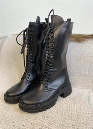 Сапоги черевики жіночі зимові шкіряні чорні високі2 фото