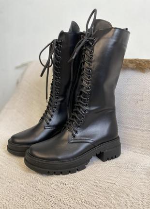 Сапоги черевики жіночі зимові шкіряні чорні високі8 фото
