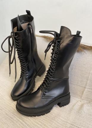 Сапоги черевики жіночі зимові шкіряні чорні високі4 фото