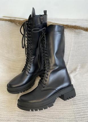 Сапоги черевики жіночі зимові шкіряні чорні високі10 фото
