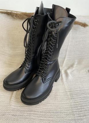 Сапоги черевики жіночі зимові шкіряні чорні високі9 фото