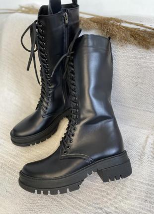 Сапоги черевики жіночі зимові шкіряні чорні високі3 фото