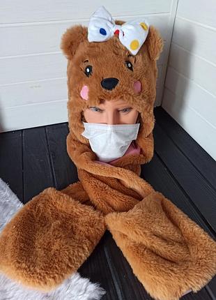 Зверошапка меховая шапка на флисе мишка медвежонок для девочки 4-8 лет