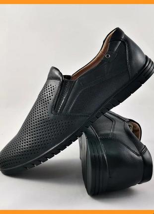 Чоловічі мокасини літні кросівки сіточка чорні шкіряні туфлі (розміри: 40)