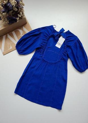 Платье синее с открытой спиной лён вискоза zara m 3338 7437 фото