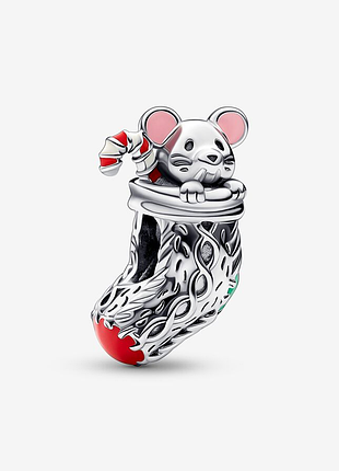 Серебряный шарм мышь рождественская чулка реждво пандора