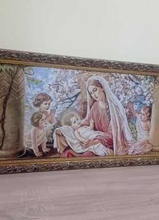 Гобеленовая икона с люрексом "богородица с ребенком в яблоневом саду" (46см*87см)6 фото