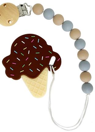 Цепочка для пустышки с прорезывателем "мороженое" коричневая, megazayka, 0507кор
