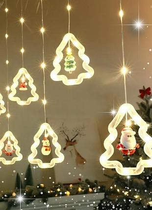 Гирлянда штора "фигурки в ёлочке" 3м (ёлка, снеговик, дед мороз, олень, шапка) sf-7-холодный smartstore