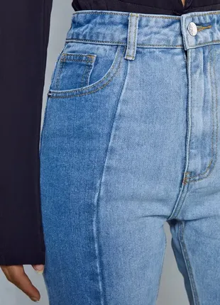 Джинси мом прямі комбіновані висока посадка завужені джинсові штани брюки необроблений низ скіні облягаючі по фігурі цупкі довгі8 фото