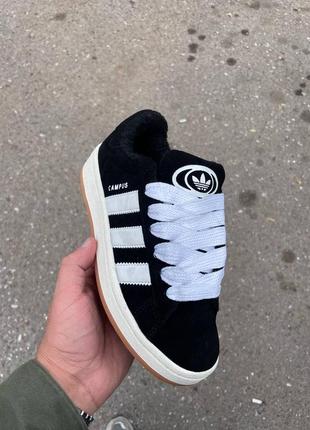 Зимові жіночі кросівки adidas campus white black fur хутро