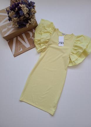 Платье короткое жёлтое с обьемными рукавами трикотаж zara s m4 фото