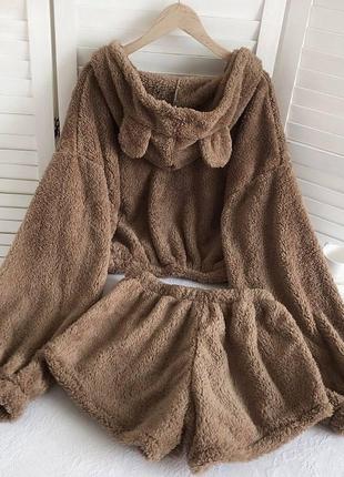 Жіночий домашній теплий м'який коричневий костюм кофта з вушками + шорти 20235 фото