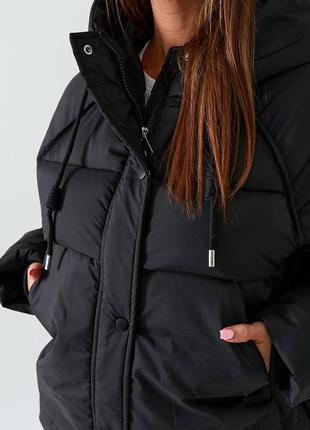 Женская черная стильная базовая трендовая зимняя курточка высокого качества 2023 года зима8 фото