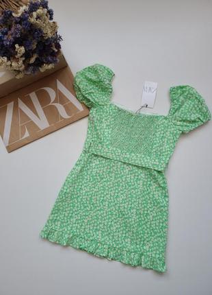 Платье зеленое в цветы ромашки под пояс льон вискоза zara s m 3108/5767 фото