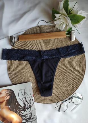 Стильные хлопковые трусики стринги синие с кружевом трусы женские открытые стринг белье женский топ