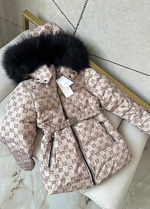 Куртка пуховик в стиле gucci с капюшоном песец на пуховую беж теплая