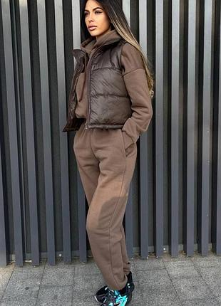 Костюм спортивний трійка га флісі жилетка худі укорочений мокко чорний графіт