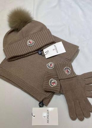Брендовый комплект шапка шарф варежки в стиле moncler