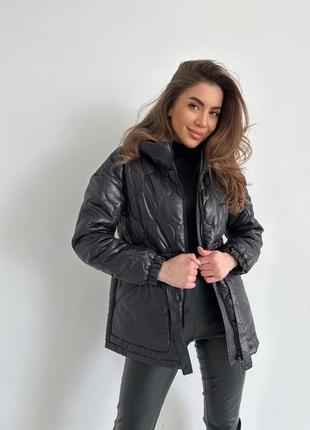 Куртка женская оверсайз на молнии с капишоном с карманами с поясом качественная стильная теплая черная мокко4 фото