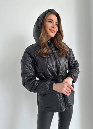 Куртка женская оверсайз на молнии с капишоном с карманами с поясом качественная стильная теплая черная мокко5 фото