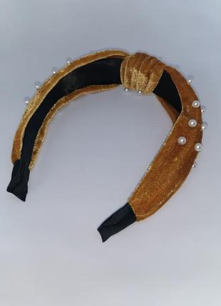Женский бархатный обруч - чалма для волос с жемчужинами / ободок для головы горчичный3 фото
