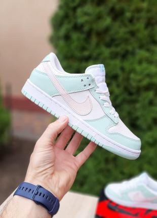 Nike sb dunk low белые со светло зеленым кроссовки женские кожаные топ качество найк дак кеды осенние кожа низкие8 фото