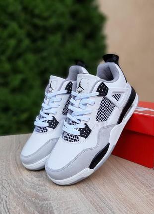 Nike air jordan 4 белые с серым и черным кроссовки мужские кожаные отличное качество зимние осенние на флисе ботинки высокие теплые сапоги найк джордан1 фото