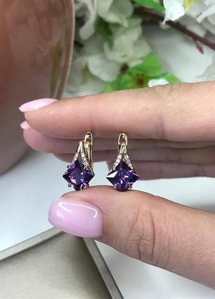 Сережки з камінцем фіолет у позолоті2 фото