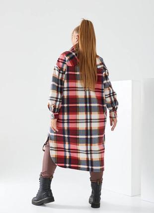 Удлиненная теплая рубашка миди кардиган на пуговицах из флиса в шотландскую клетку тартан батал большого размера бежевая мята синяя серая хаки бордо6 фото