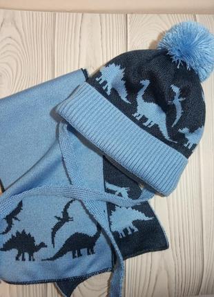Шапка, шарф зимний комплект набор с динозаврами