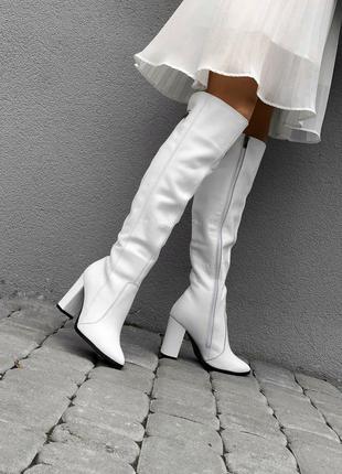 Сапоги белые кожаные с заостренным носком на подбрах 9см2 фото