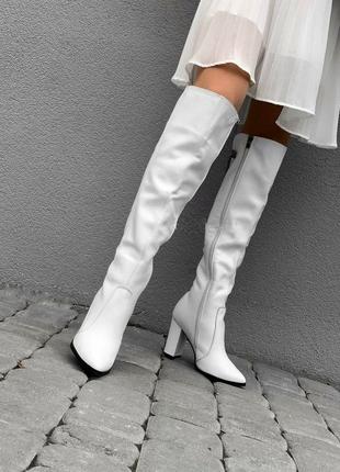Сапоги белые кожаные с заостренным носком на подбрах 9см3 фото