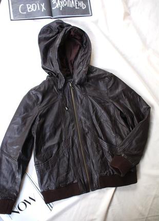 Брендовая кожаная куртка козырька с капюшоном от next leather2 фото