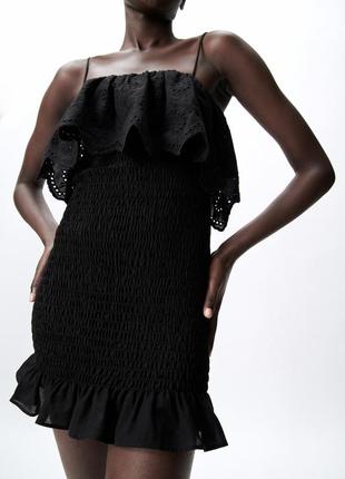 Черное хлопковое платье zara сборка1 фото