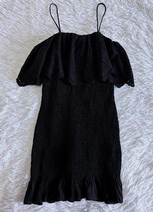 Черное хлопковое платье zara сборка7 фото
