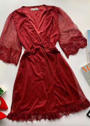 👗отличное бордовое платье с декольте/марсаловое платье с кружевом/кружевное платье миди 👗