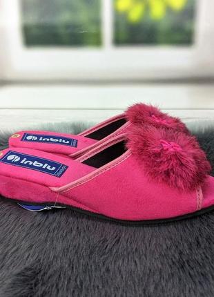 Тапочки домашние женские inblu на танкетке с открытым носком и пушком малиновые 2713 2