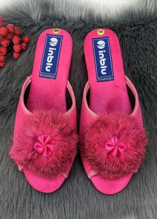 Тапочки домашние женские inblu на танкетке с открытым носком и пушком малиновые 2713 2