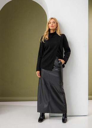 Юбка черна длинная с эко кожи макси юбка карандаш с карманами кожаная юбка с разрезом и завышенной талией5 фото