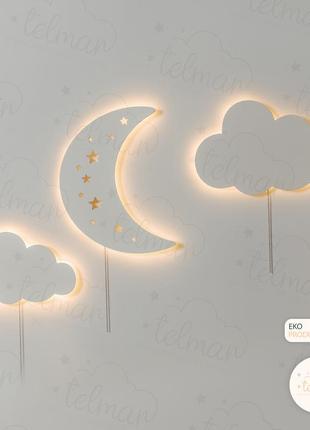 Набір нічників з декором  светильник в детскую комнату  ночник облако ночник месяц светильник на стену