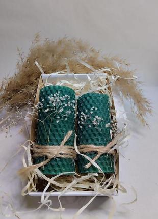 Набір свічок з вощини в подарунковій коробці зеленого кольору 2шт 10/41 фото