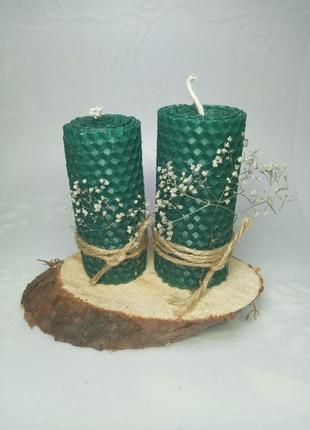 Набір свічок з вощини в подарунковій коробці зеленого кольору 2шт 10/44 фото
